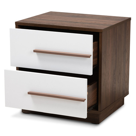 Baxton Studio Mette Mid-Century White and Walnut Finished 2-Drawer Wood Nightstand 157-9526